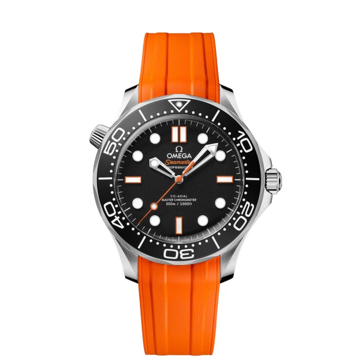 Omega horloge met een kast in staal, met een wijzerplaat in het zwart en een diameter van 42 mm