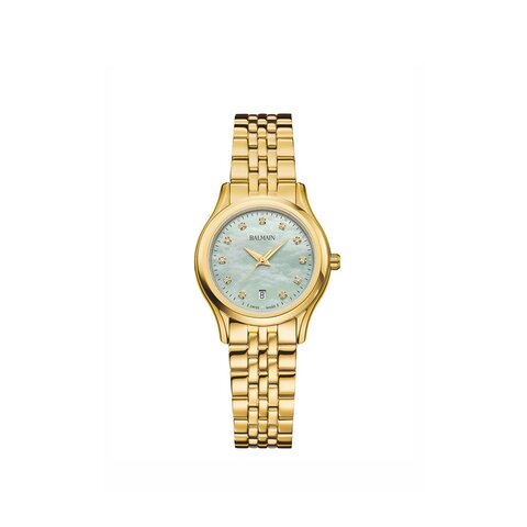 Balmain horloge met een kast in gele pvd-coating, met een wijzerplaat in het parelmoer met  briljant en een diameter van 27,5
