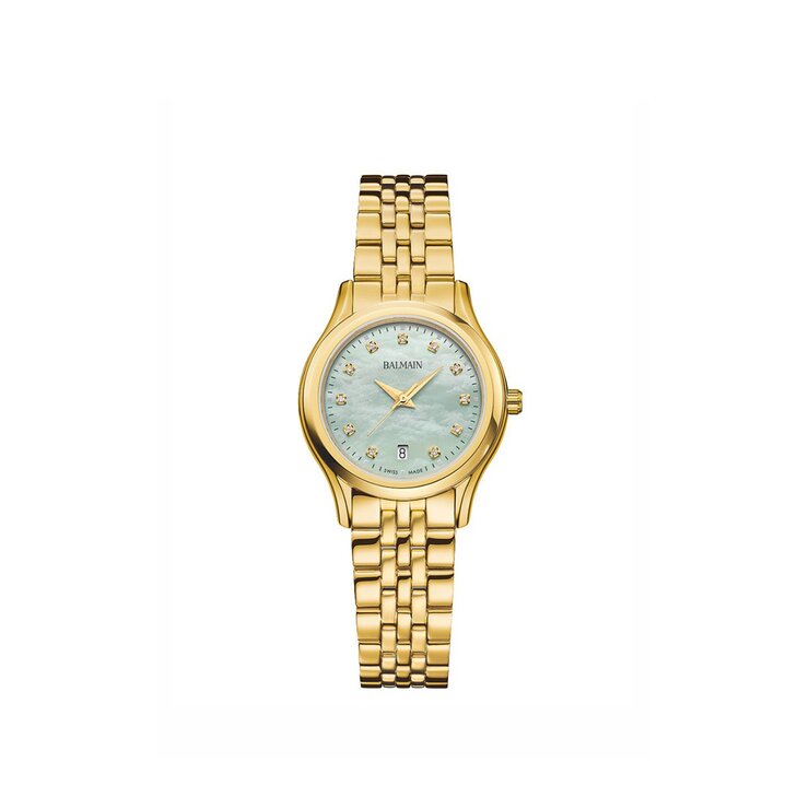 Balmain horloge met een kast in gele pvd-coating, met een wijzerplaat in het parelmoer met briljant en een diameter van 27.5 mm