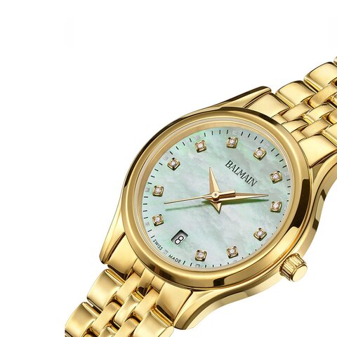 Balmain horloge met een kast in gele pvd-coating, met een wijzerplaat in het parelmoer met  briljant en een diameter van 27.5 mm