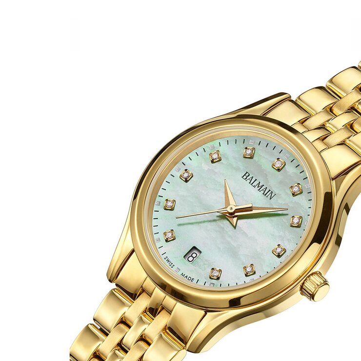 Balmain horloge met een kast in gele pvd-coating, met een wijzerplaat in het parelmoer met briljant en een diameter van 27.5 mm