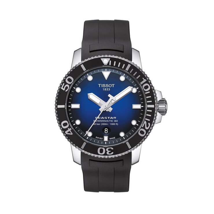 Tissot horloge met een kast in staal, met een wijzerplaat in het blauw en een diameter van 43 mm