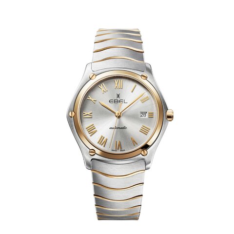 Ebel horloge met een kast in rosé goud op staal, met een wijzerplaat in het zilver en een diameter van 40