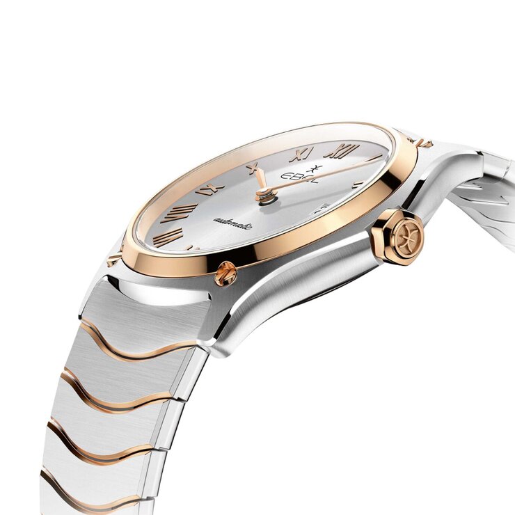 Ebel horloge met een kast in rosé goud op staal, met een wijzerplaat in het zilver en een diameter van 40 mm