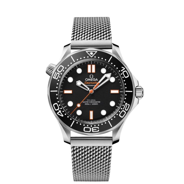 Omega horloge met een kast in staal, met een wijzerplaat in het zwart en een diameter van 42 mm