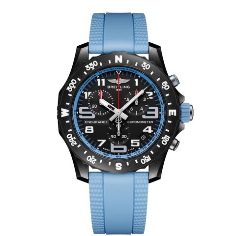Breitling horloge met een kast in breitlight, met een wijzerplaat in het zwart en een diameter van 44 mm