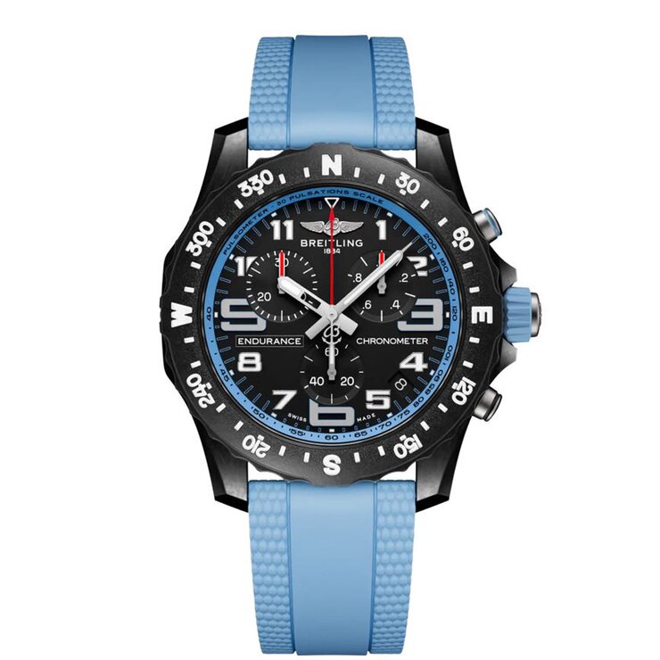 Breitling horloge met een kast in breitlight, met een wijzerplaat in het zwart en een diameter van 44 mm