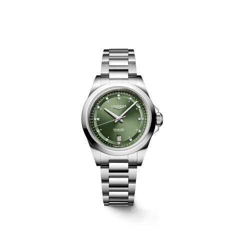 montre Longines avec un boîtier en acier, un cadran vert avec brillant et un diamètre de 30 mm