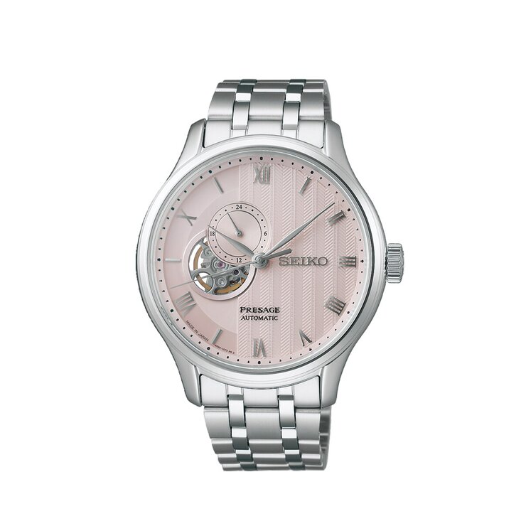 Seiko horloge met een kast in staal, met een wijzerplaat in het roze en een diameter van 42 mm