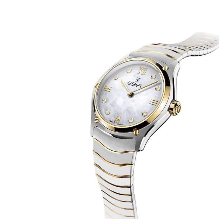 Ebel horloge met een kast in geel goud op staal, met een wijzerplaat in het parelmoer met  briljant en een diameter van 24 mm