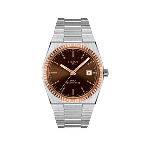 montre Tissot avec un boîtier en or rose sur acier, un cadran brun et un diamètre de 40 mm