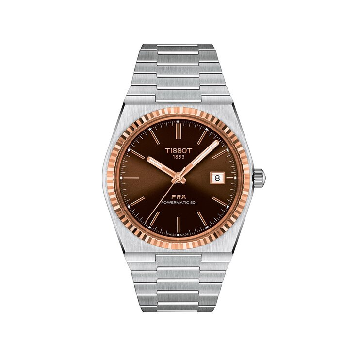 montre Tissot avec un boîtier en or rose sur acier, un cadran brun et un diamètre de 40 mm