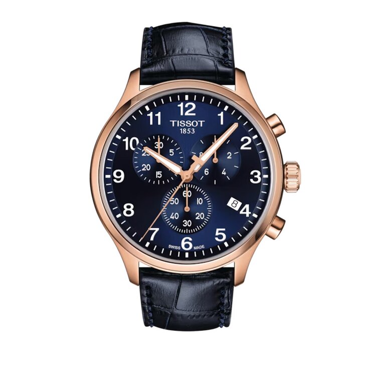 Tissot horloge met een kast in rosé pvd-coating, met een wijzerplaat in het blauw en een diameter van 45 mm