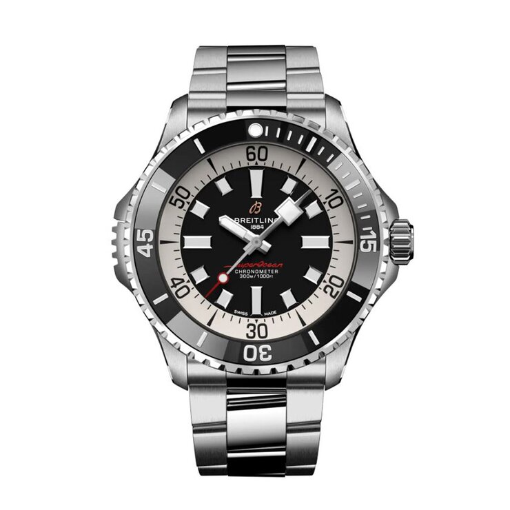 Breitling horloge met een kast in keramiek op staal, met een wijzerplaat in het zwart en een diameter van 46 mm