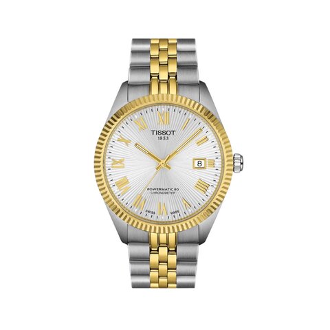 montre Tissot avec un boîtier en revêtement pvd jaune sur acier, un cadran argent et un diamètre de 39 mm