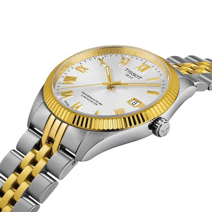 Tissot horloge met een kast in gele pvd-coating op staal, met een wijzerplaat in het zilver en een diameter van 39 mm