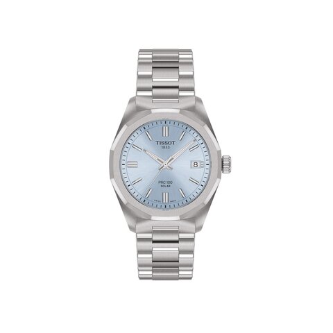 montre Tissot avec un boîtier en acier, un cadran bleu et un diamètre de 34 mm