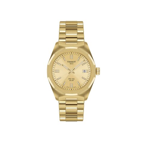 Tissot horloge met een kast in gele pvd-coating, met een wijzerplaat in het geel verguld en een diameter van 34 mm