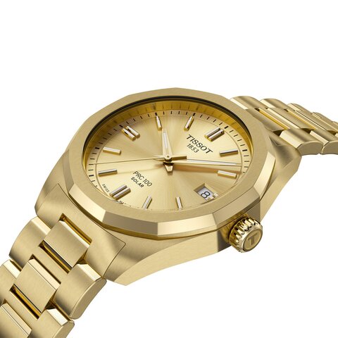 Tissot horloge met een kast in gele pvd-coating, met een wijzerplaat in het geel verguld en een diameter van 34 mm