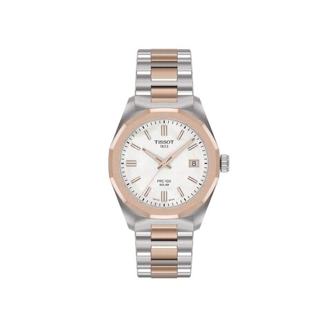 Tissot horloge met een kast in rosé pvd-coating op staal, met een wijzerplaat in het parelmoer en een diameter van 34 mm