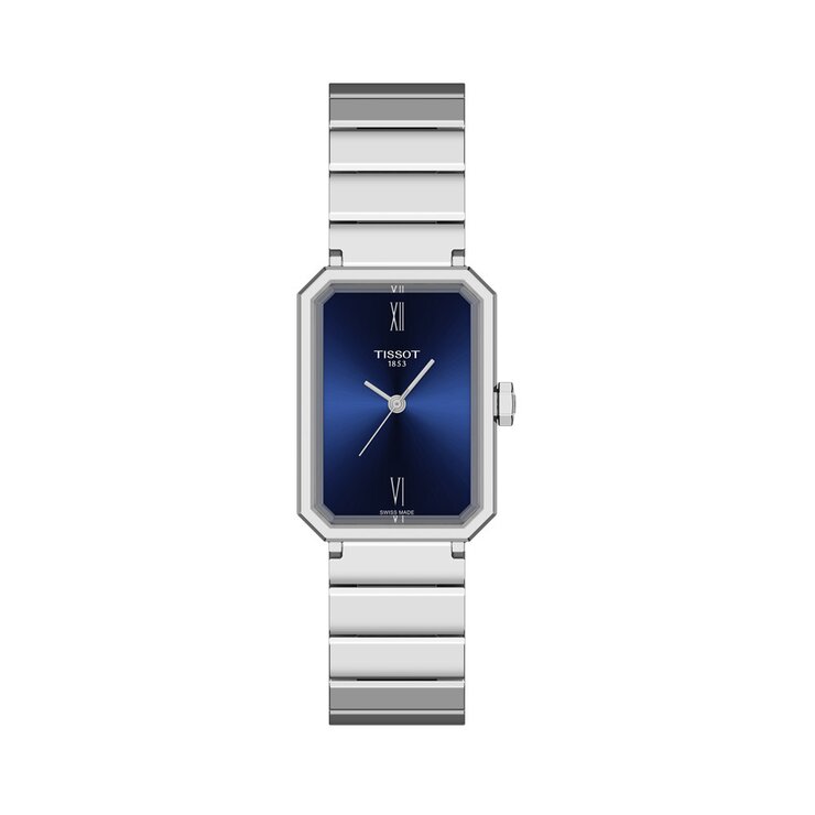 montre Tissot avec un boîtier en acier et un cadran bleu