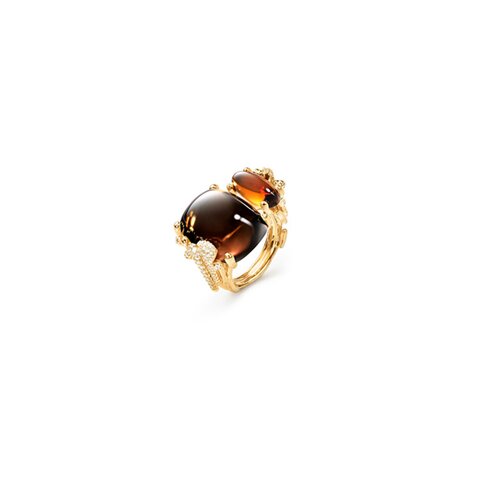 Ole Lynggaard ring in geel goud 18kt met quartz fumé & toermalijn omringd door briljanten van 0,43 karaat