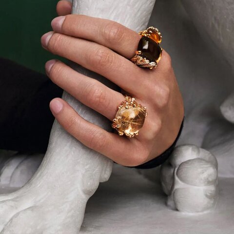bague Ole Lynggaard en or jaune 18 ct avec quartz fumé et tourmaline entouré de briljants de 0,43 karaat