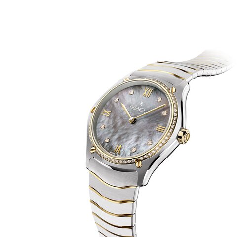 Ebel horloge met een kast in geel goud op staal, met een wijzerplaat in het parelmoer met  briljant en een diameter van 33 mm