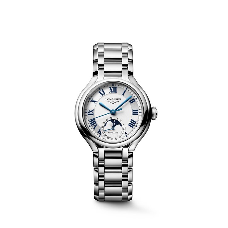 Longines horloge met een kast in staal, met een wijzerplaat in het zilver en een diameter van 34 mm