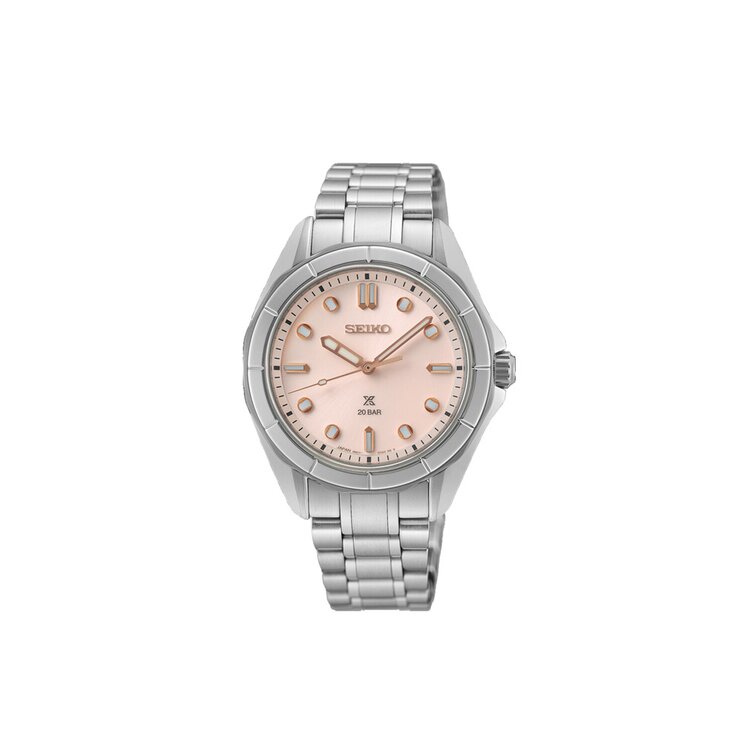 Seiko horloge met een kast in staal, met een wijzerplaat in het roze en een diameter van 34 mm