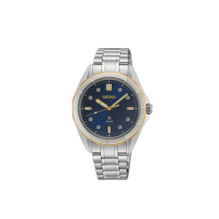 Seiko horloge met een kast in gele pvd-coating op staal, met een wijzerplaat in het blauw met briljant en een diameter van 34 mm