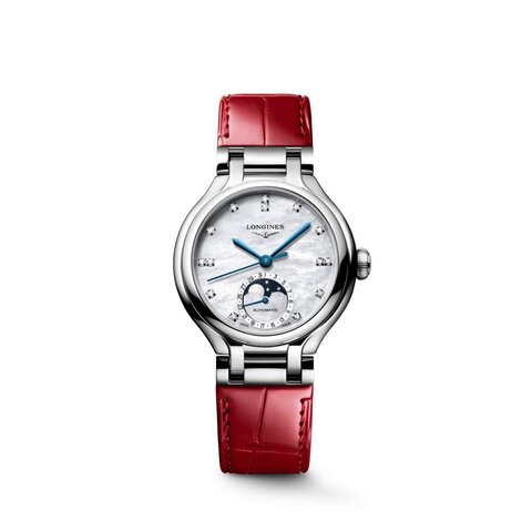 Longines horloge met een kast in staal, met een wijzerplaat in het parelmoer met  briljant en een diameter van 34 mm