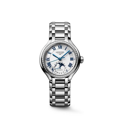 Longines horloge met een kast in staal, met een wijzerplaat in het zilver en een diameter van 34 mm