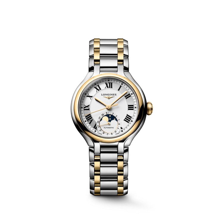 Longines horloge met een kast in geel goud op staal, met een wijzerplaat in het zilver en een diameter van 34 mm