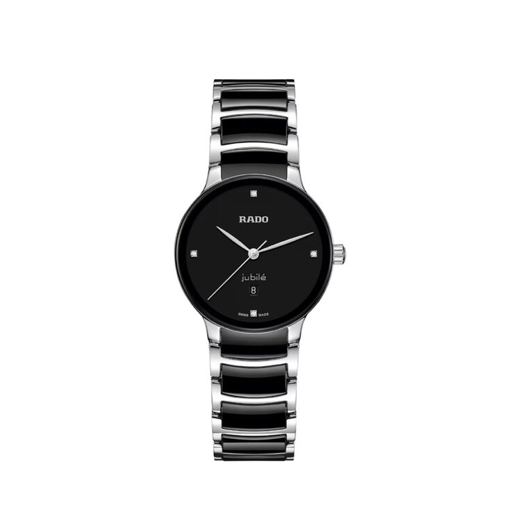 montre Rado avec un boîtier en acier, un cadran noir avec brilliant et un diamètre de 30.5 mm