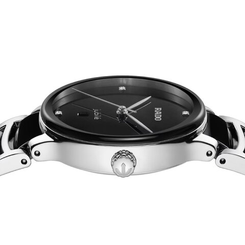 Rado horloge met een kast in staal, met een wijzerplaat in het zwart met briljant en een diameter van 30.5 mm