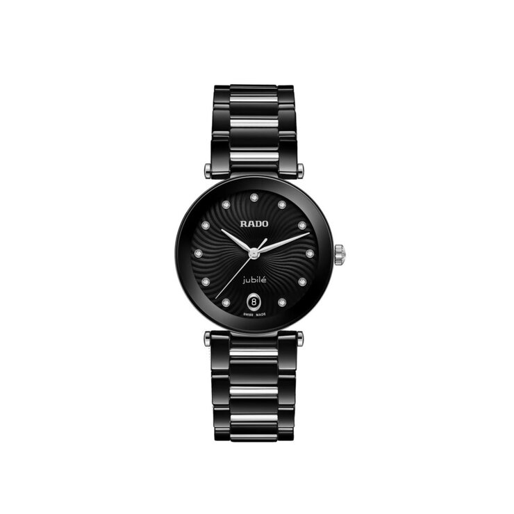 Rado horloge met een kast in keramiek, met een wijzerplaat in het zwart met briljant en een diameter van 31 mm