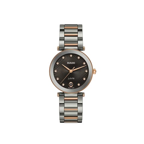 Rado horloge met een kast in keramiek, met een wijzerplaat in het grijs met briljant en een diameter van 31 mm