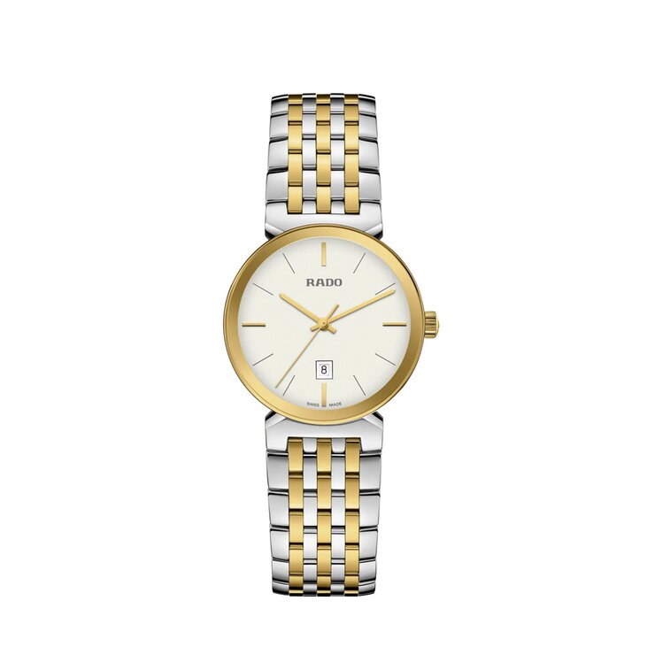 Rado horloge met een kast in gele pvd-coating op staal, met een wijzerplaat in het wit en een diameter van 30 mm