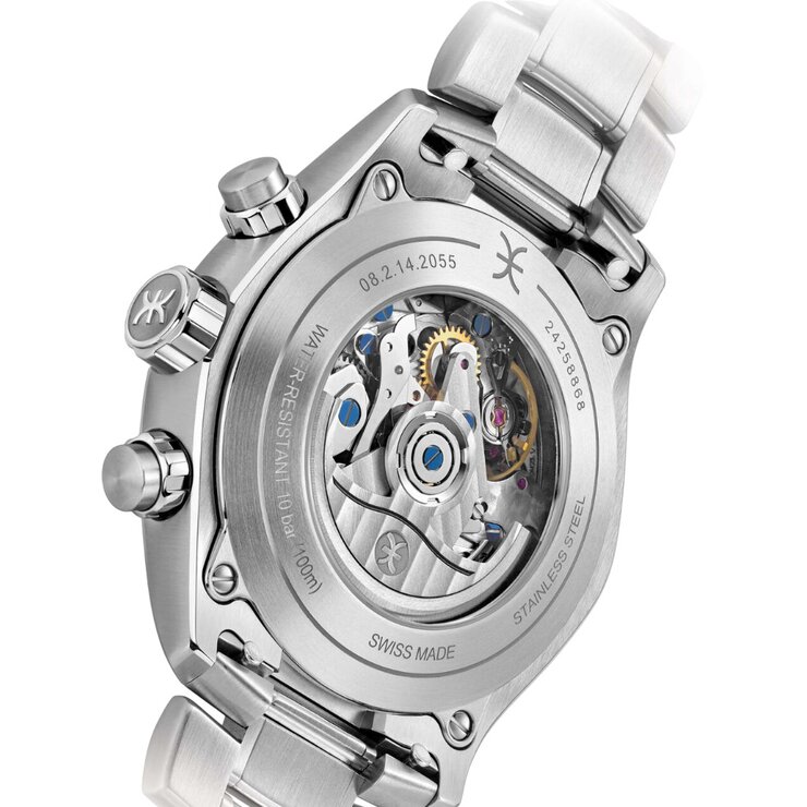 Ebel horloge met een kast in staal, met een wijzerplaat in het blauw en een diameter van 44 mm