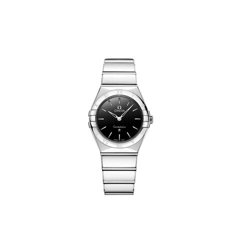 Omega horloge met een kast in staal, met een wijzerplaat in het zwart en een diameter van 28 mm