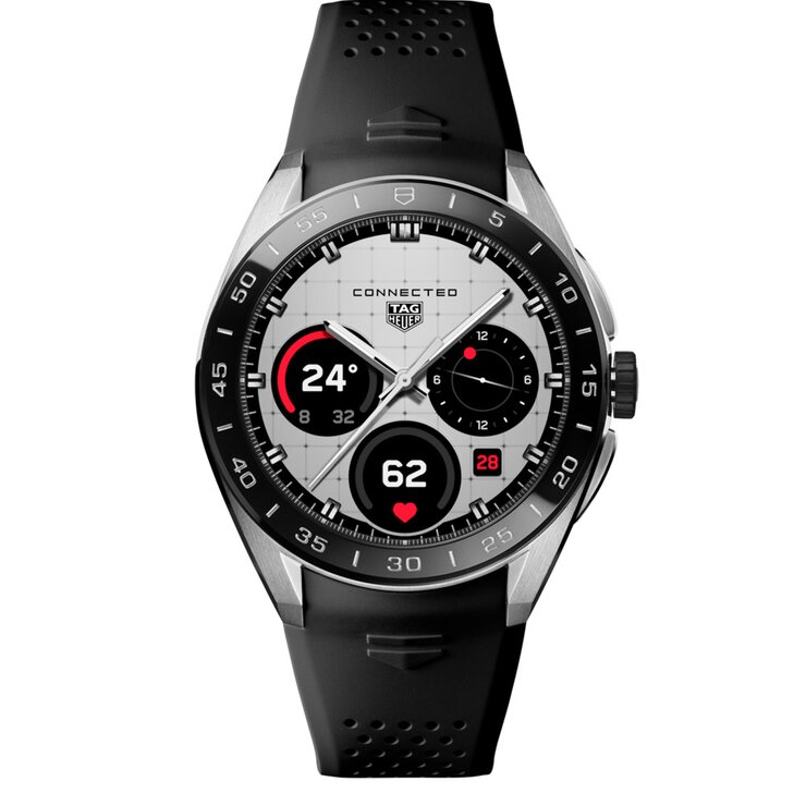 TAG Heuer horloge met een kast in keramiek op staal, met een wijzerplaat in het zwart en een diameter van 45 mm