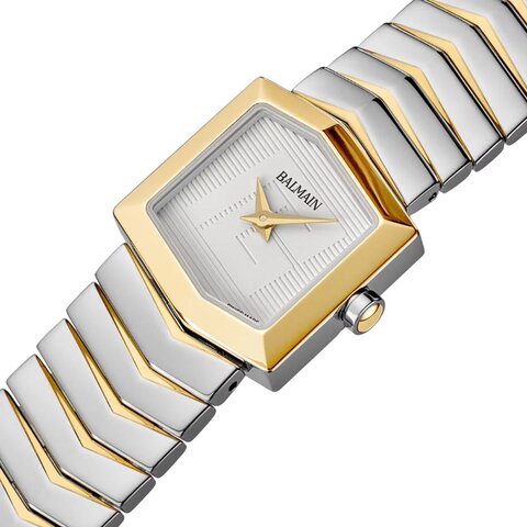 Balmain horloge met een kast in gele pvd-coating op staal en een wijzerplaat in het wit