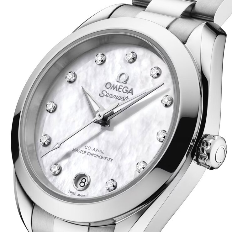 Omega horloge met een kast in staal, met een wijzerplaat in het parelmoer met  briljant en een diameter van 30 mm