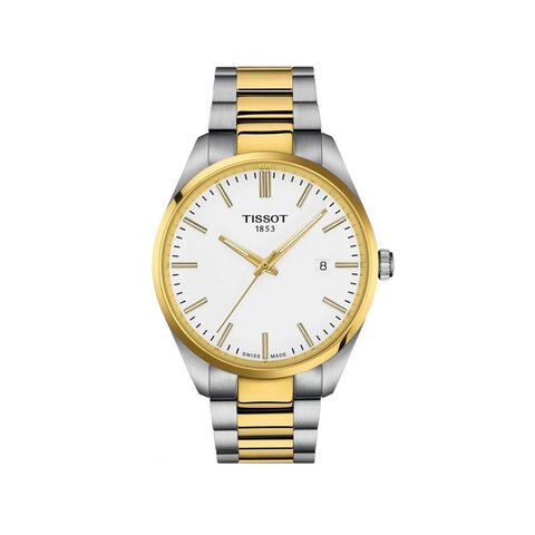 Tissot horloge met een kast in gele pvd-coating op staal, met een wijzerplaat in het wit en een diameter van 40 mm