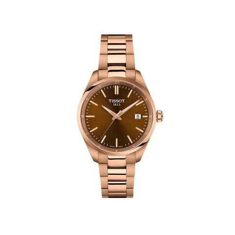 montre Tissot avec un boîtier en revêtement pvd rose, un cadran brun et un diamètre de 34 mm