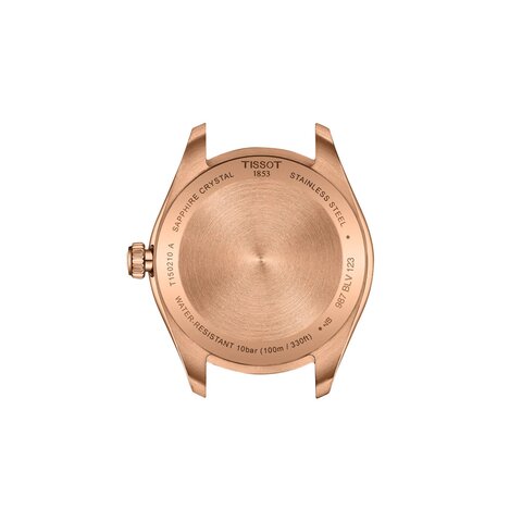 Tissot horloge met een kast in rosé pvd-coating, met een wijzerplaat in het bruin en een diameter van 34 mm