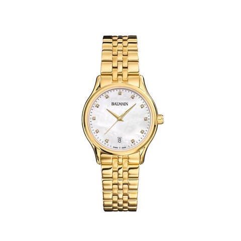 Balmain horloge met een kast in gele pvd-coating, met een wijzerplaat in het parelmoer met  briljant en een diameter van 32 mm