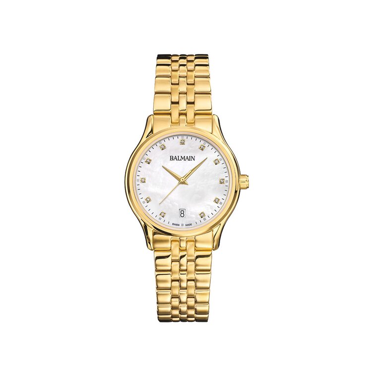 Balmain horloge met een kast in gele pvd-coating, met een wijzerplaat in het parelmoer met  briljant en een diameter van 32 mm