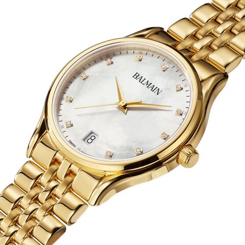 Balmain horloge met een kast in gele pvd-coating, met een wijzerplaat in het parelmoer met  briljant en een diameter van 32 mm